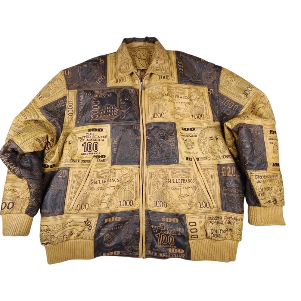 Rare Vilanto VTG 90s Y2K Money Print Leather Bomber Jacket Full Zip 5XL Brown